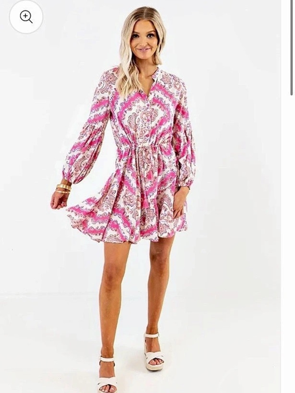 Aakaa Paisley Mini Dress in Pink & White Size Large Like New